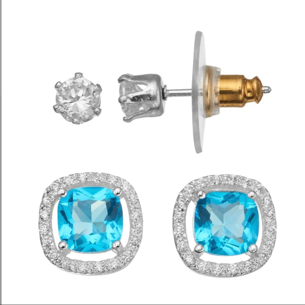 Blue Cubic Zirconia Halo Stud Earring Set